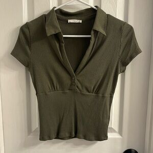 Collared V neck dark green shirt